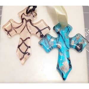 Glass Crosses Pink, Brown, Blue, Black, And Gold Ornaments